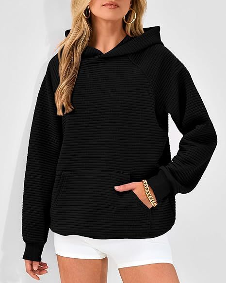 Women's Long Sleeve Hooded Plaid & Stripe Pullover Top