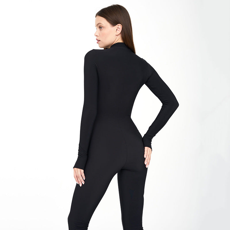 Women's Long-Sleeve Zip-Up High-Waist Jumpsuit