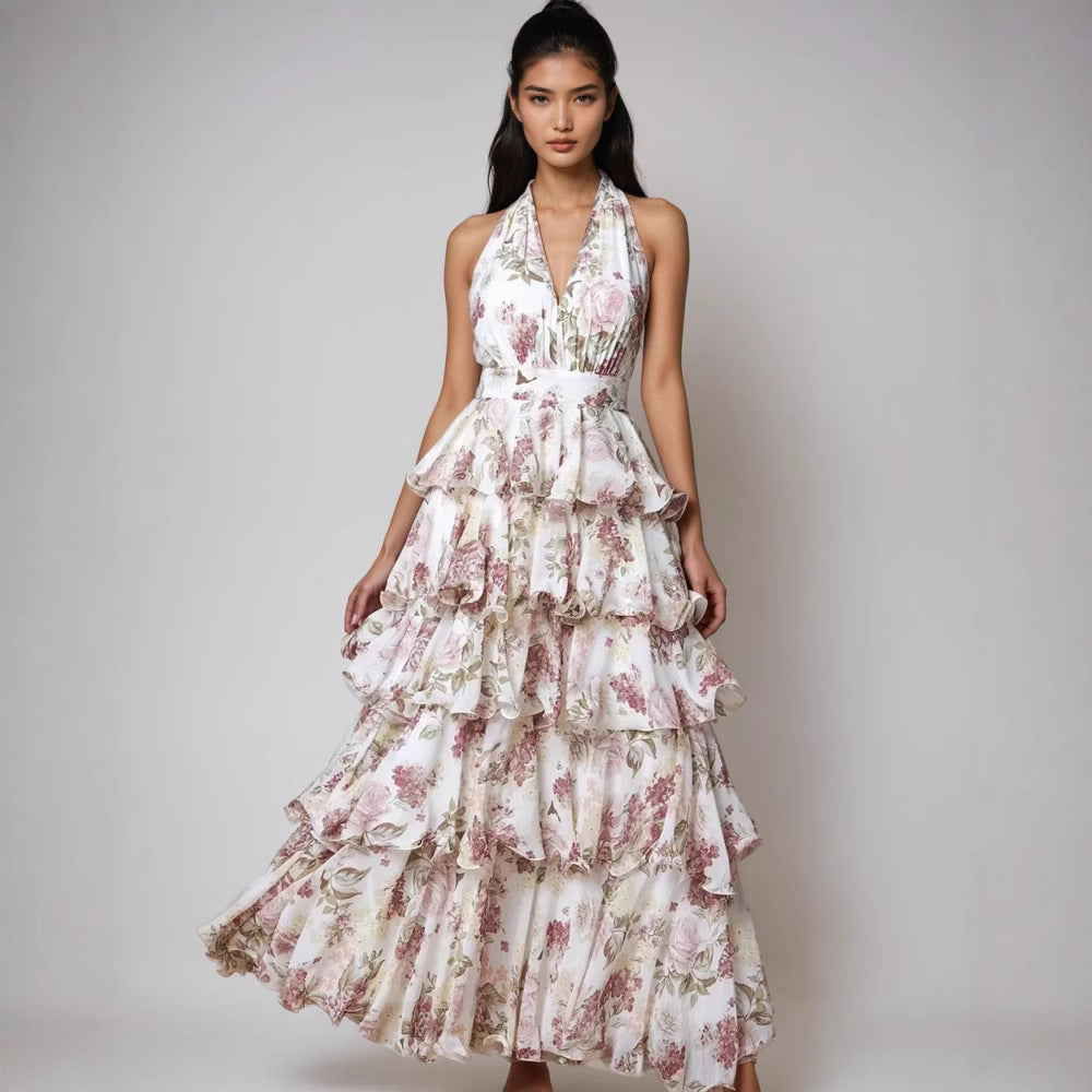 Womens V-neck Strap Multi-layer Printed Dress