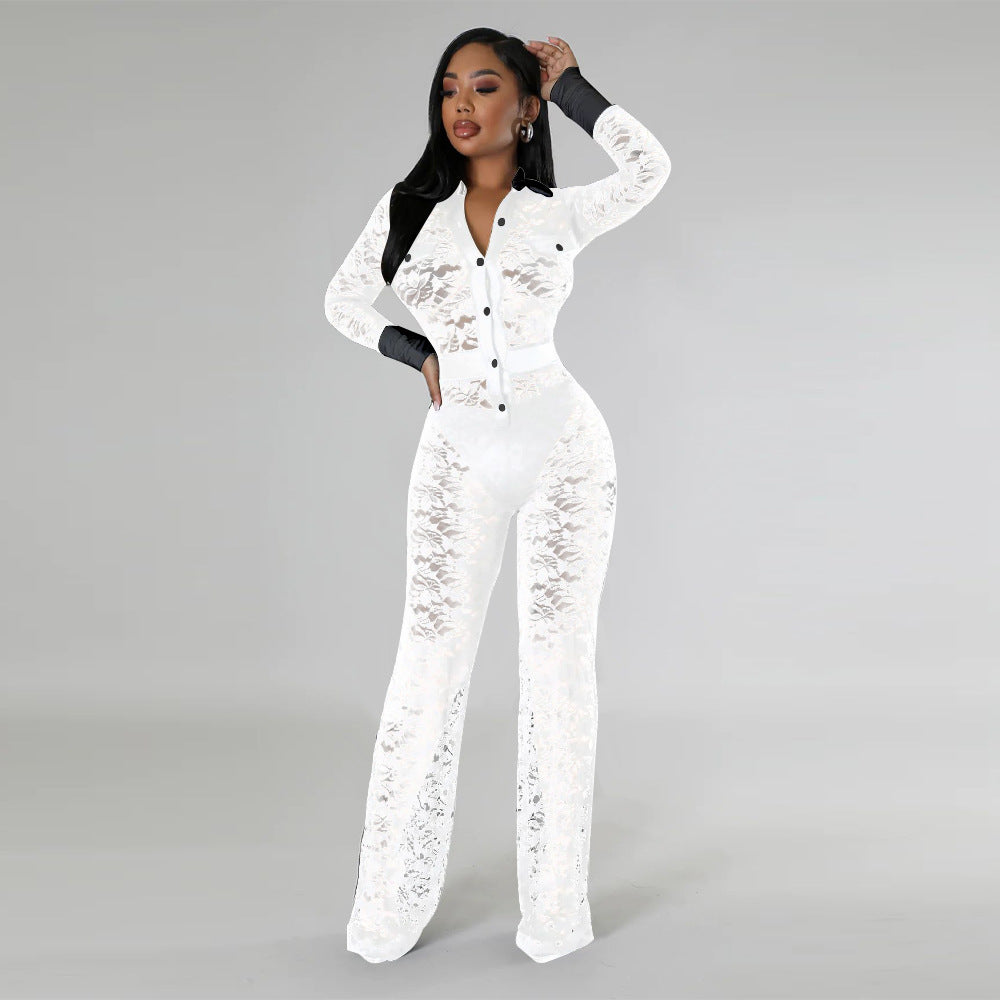 Women's Lace Contrast Stitching Long Jumpsuit