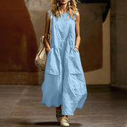 Washed-Crepe V-Neck Sleeveless Pocket Maxi Dress