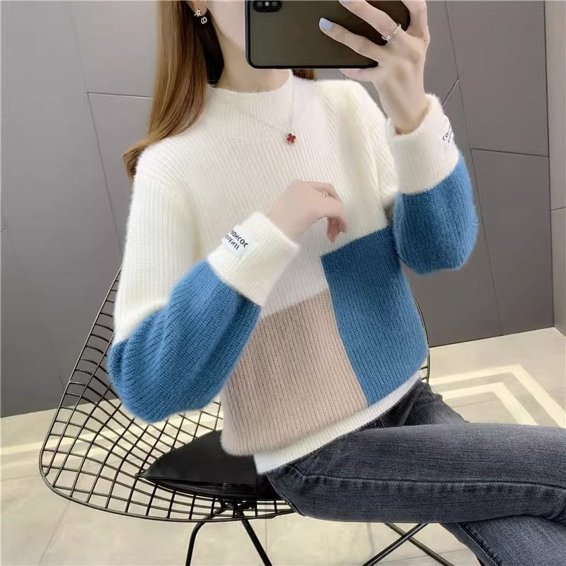 Womens High-waisted Colorblock Mink-blend Sweater