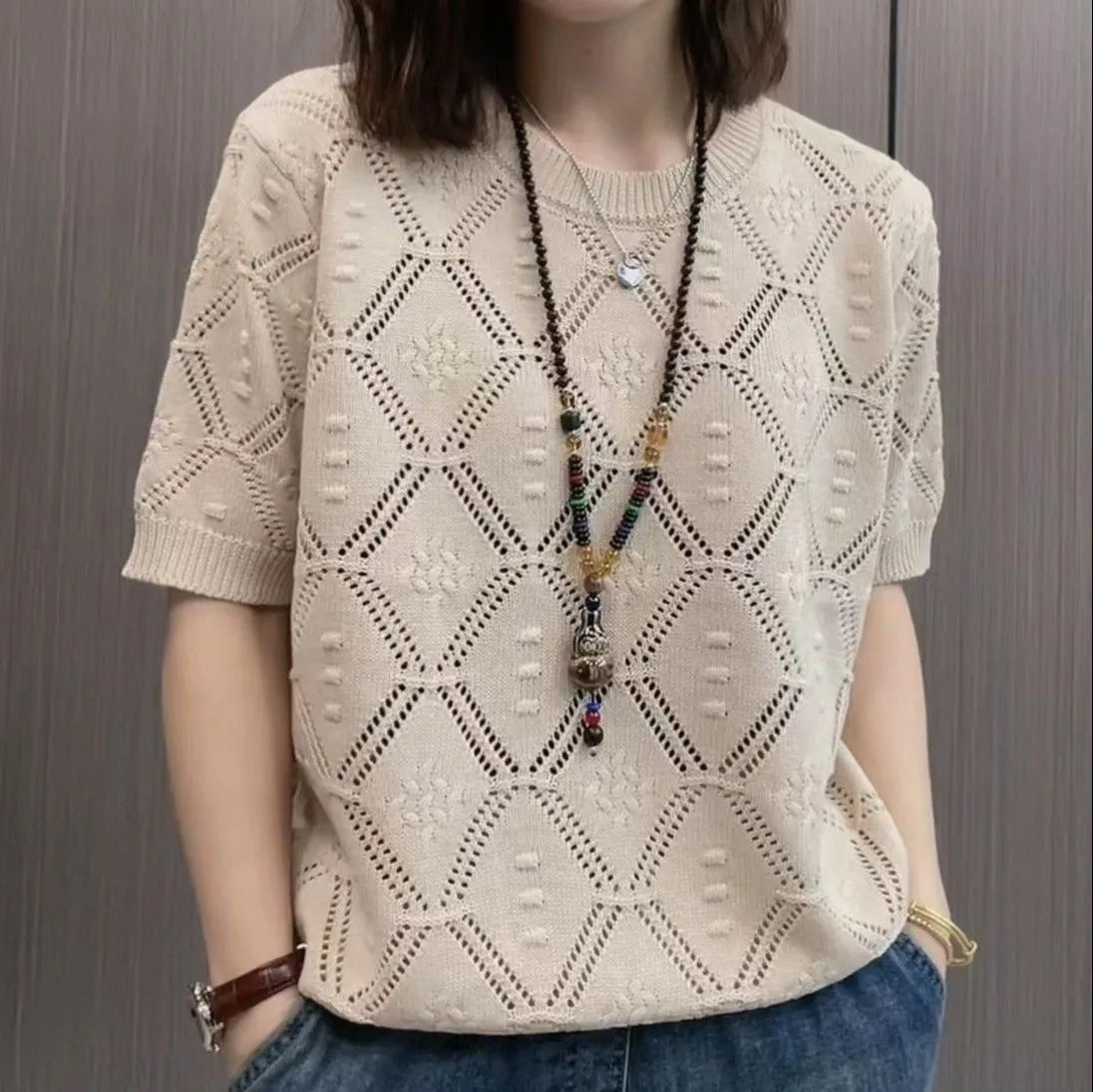 Summer Knitwear Women's Thin Short Sleeve Round Neck Sweater