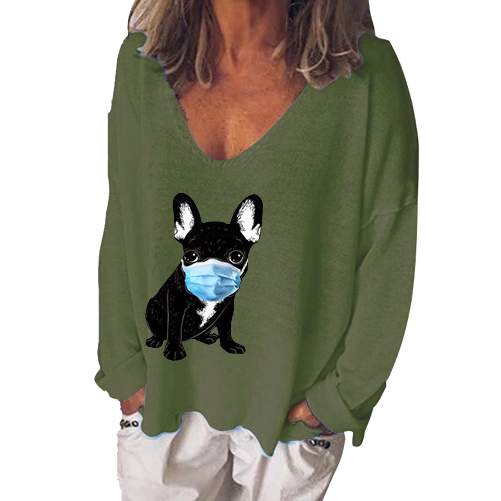 Cute Puppy Print V-Neck Long Sleeve Women's T-Shirt