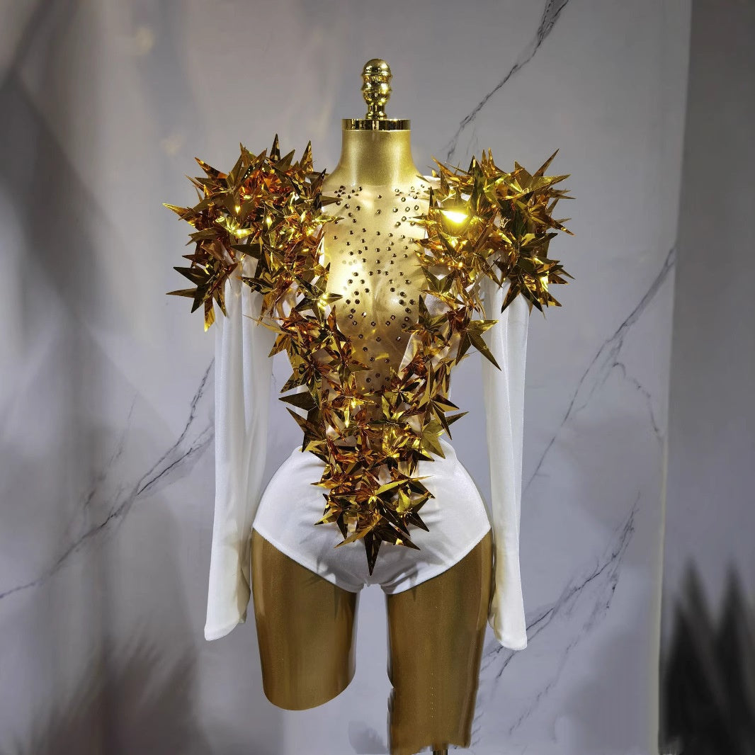 Golden Star Padded Shoulder Jumpsuit Statement Stage Outfit