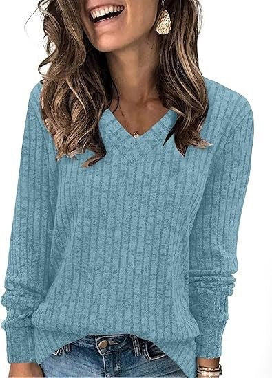 V-Neck Long Sleeve Brushed Stripe Tee