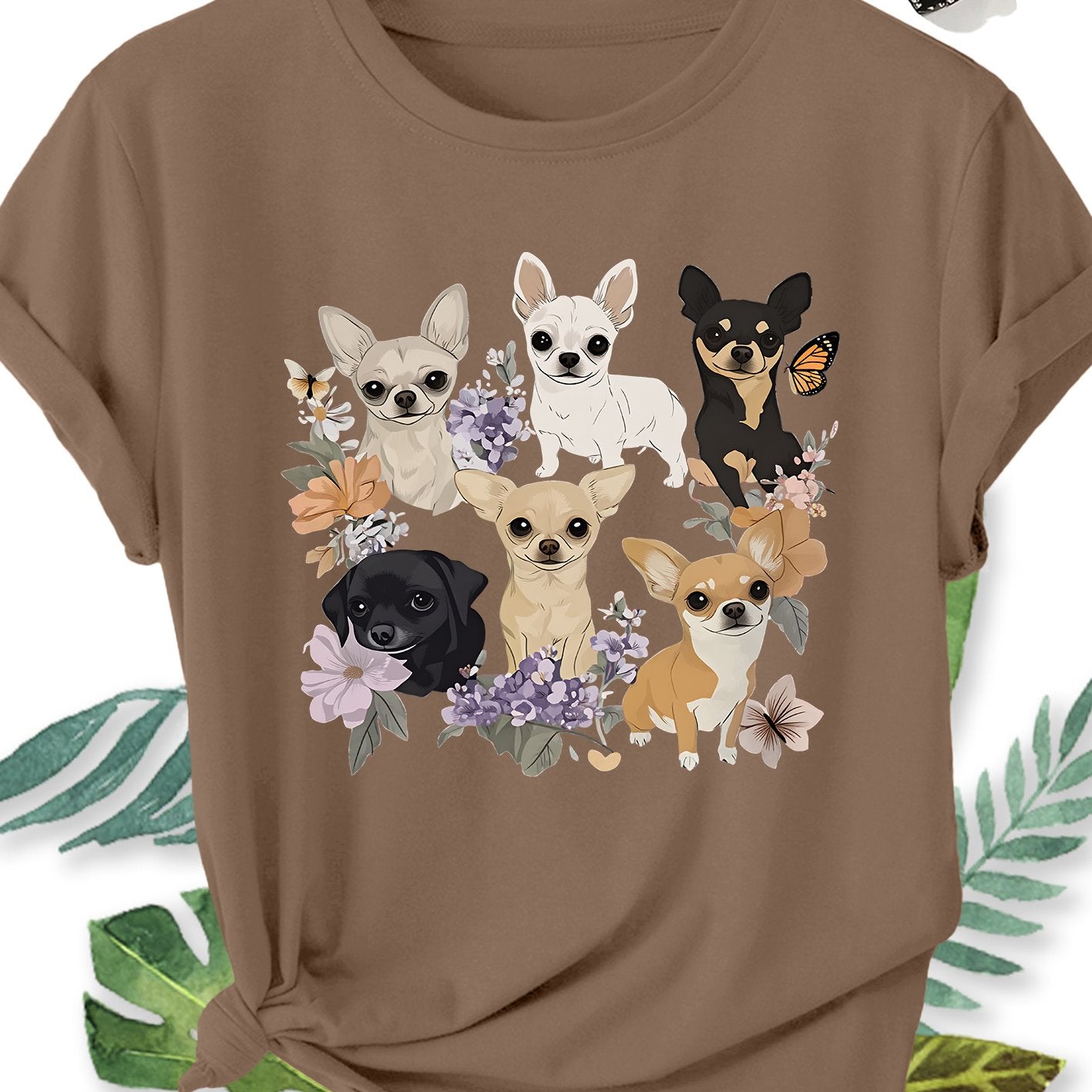 Ladies' Plus Size Short Sleeve T-Shirt with Chihuahua Dog Floral Print, Crew Neck