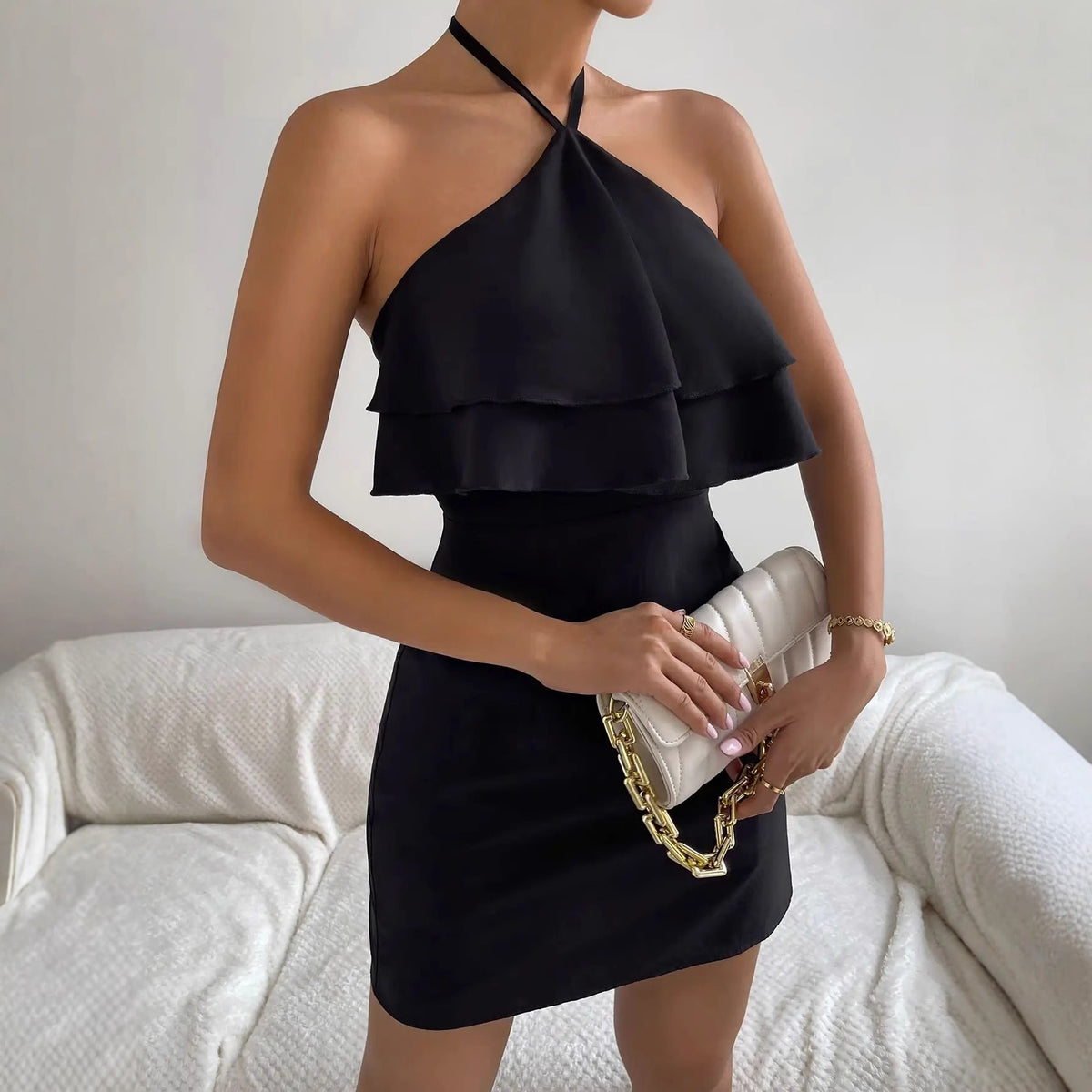 Fashionable European and American-style Summer Womens Sexy Sleeveless Sheath Dress in Solid Color with a Halter Neckline