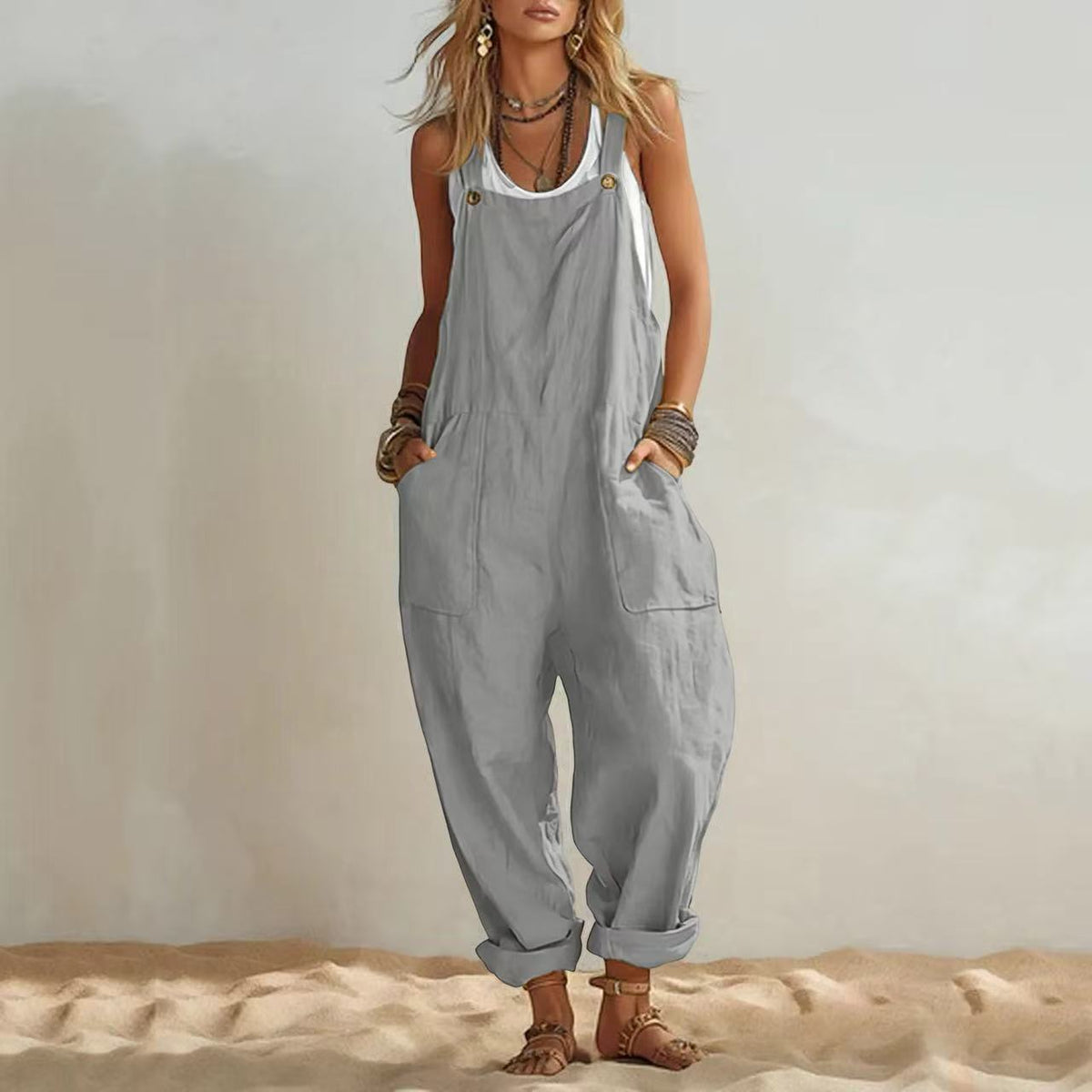Women's Casual Sleeveless Loose Patch-Pocket Jumpsuit