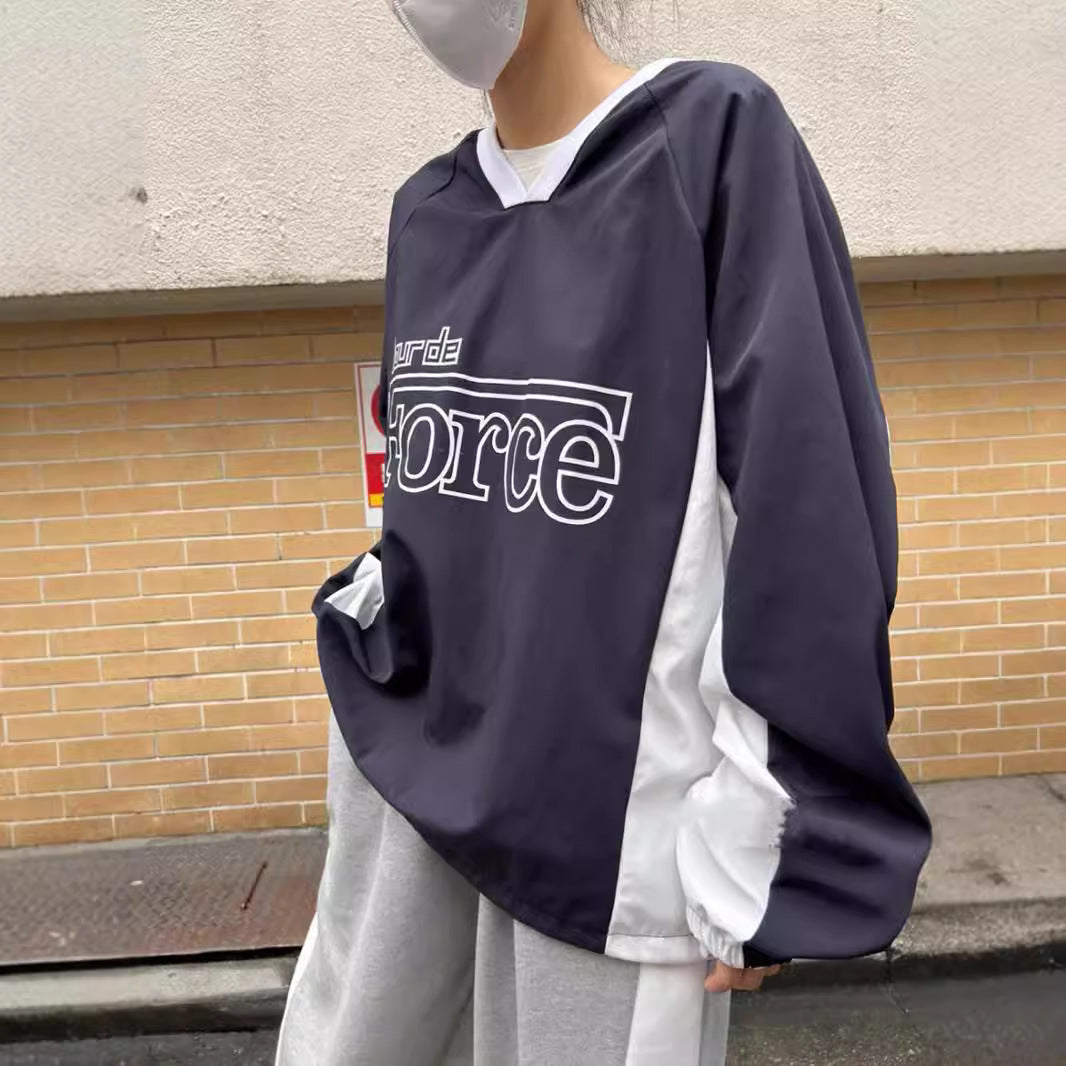 Retro Contrast V-Neck Long Sleeve Korean Pullover