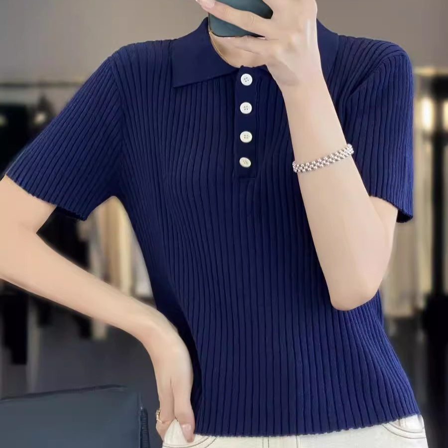 Navy Blue Hollow Striped Short Sleeve