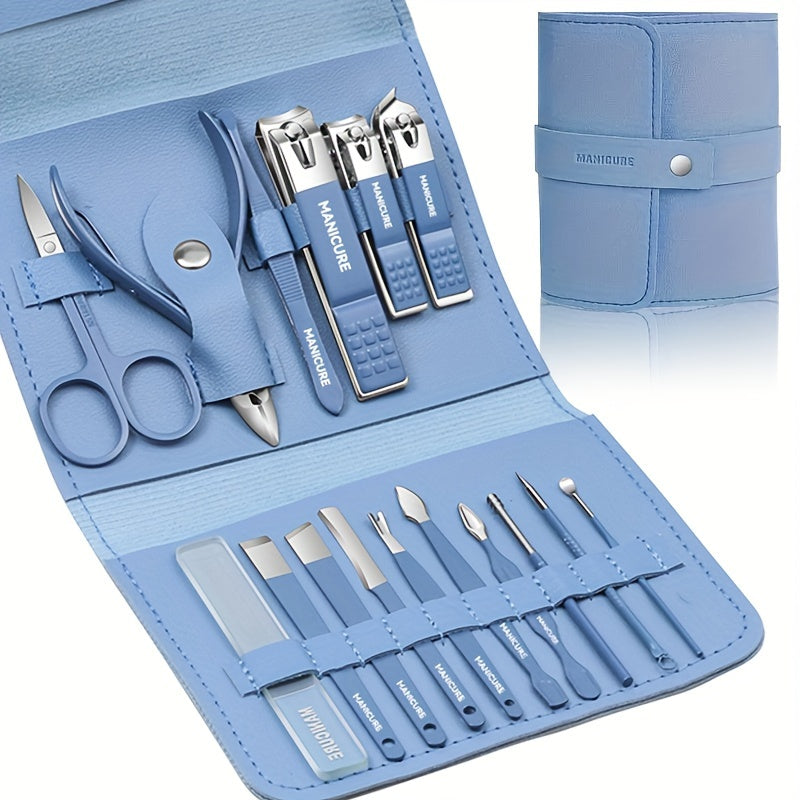 1 sets of 16 premium stainless steel manicure and pedicure kit - Modern style nail clipper kit with straight edge nail file, ear pick, scissors - professional travel beauty care kit