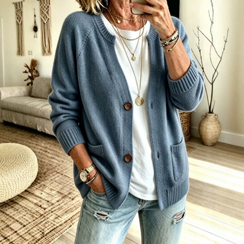European and American-style Knitted Cardigan Sweater with a Stand-up Collar