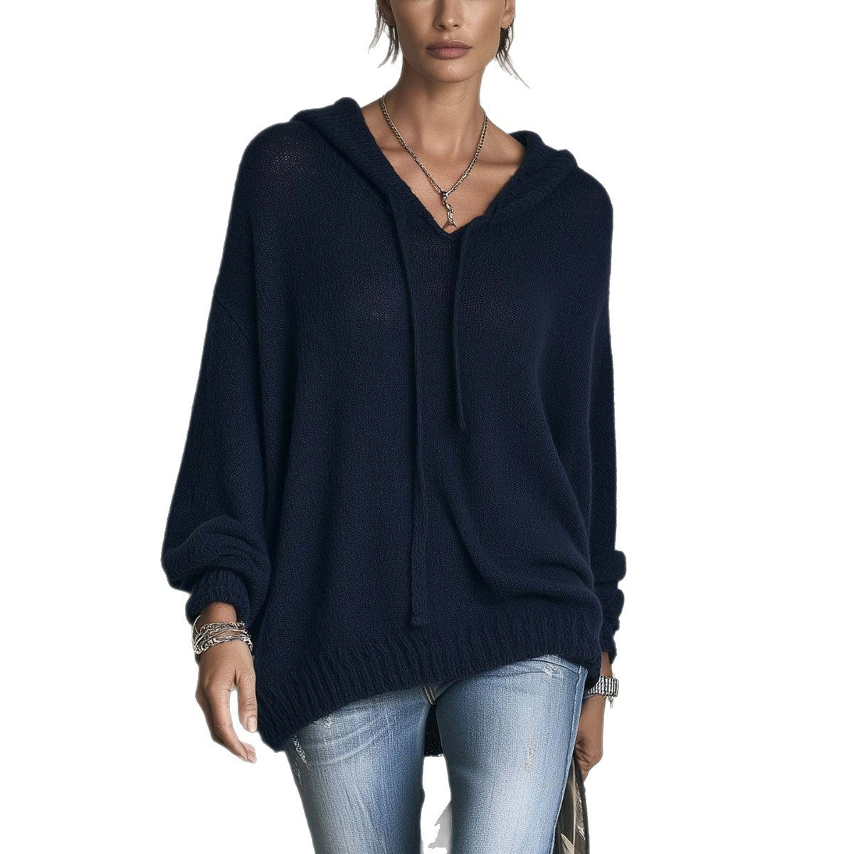 Womens Knitted Hooded Long-sleeve Sweater with Drawstring