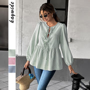 Elegant Striped Long Sleeve Tied T-shirt Shirt Women's Clothing