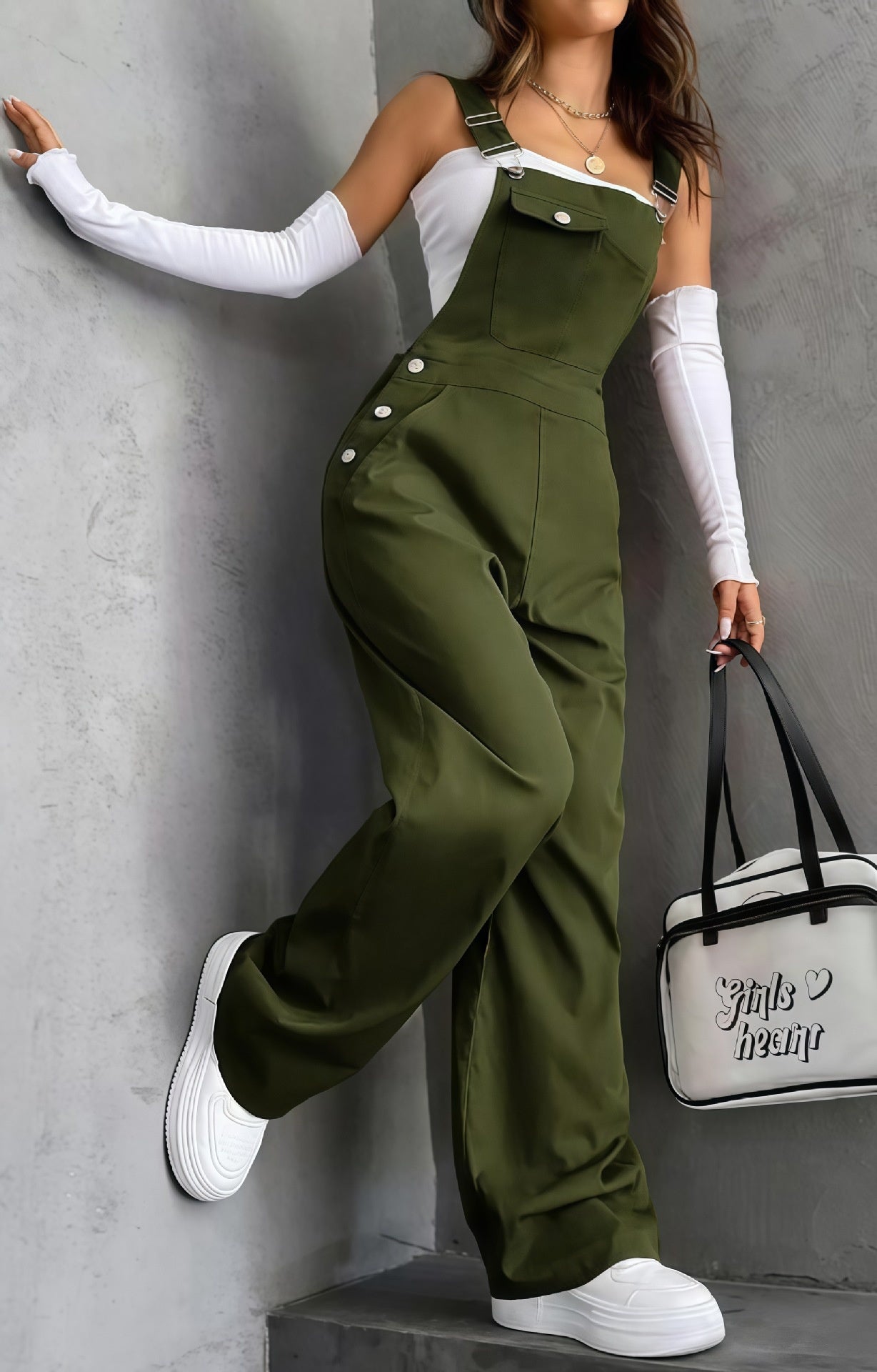 Retro Pocket Solid-Color Straight-Leg Workwear Suspender Jumpsuit