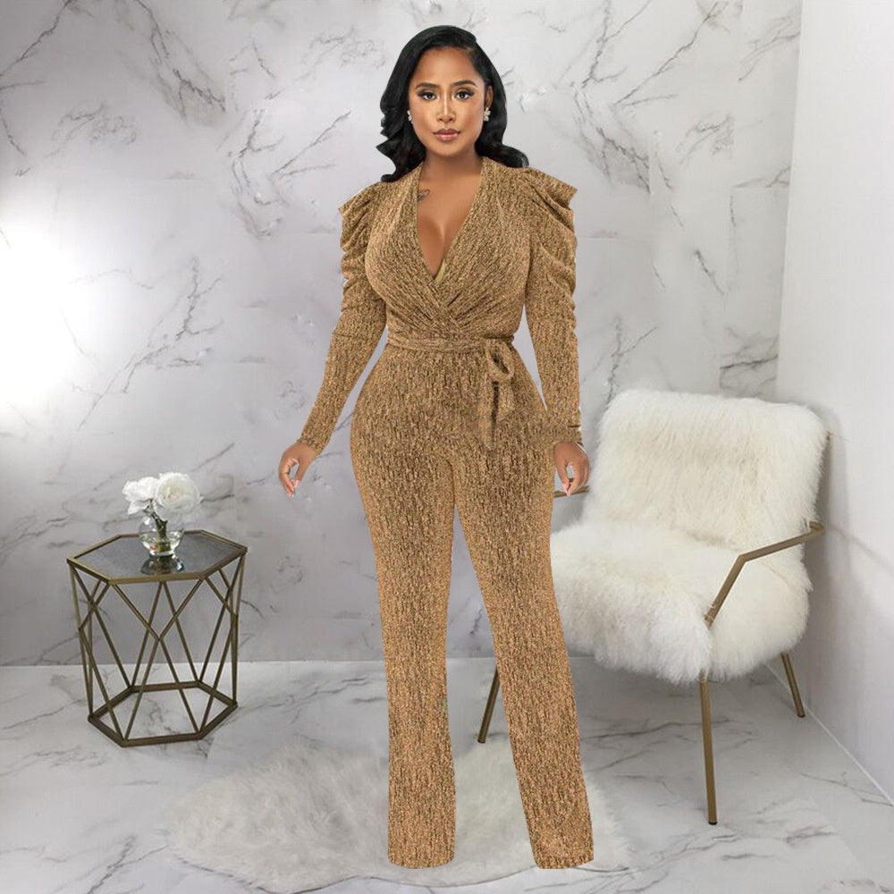 Glossy V-Neck Puff Sleeve Waist-Trimming Jumpsuit