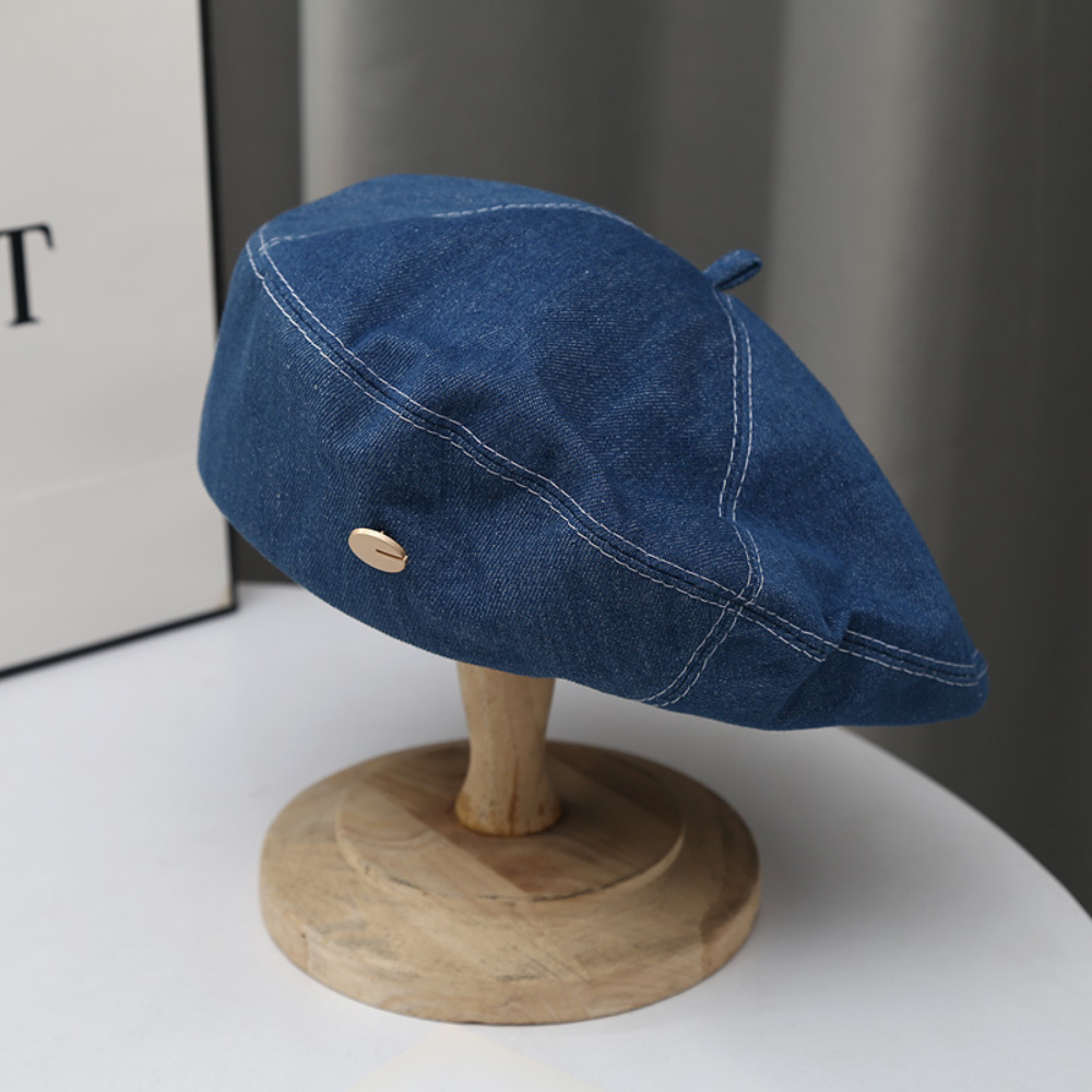 Retro Japanese Denim Beret with Metal Buttons