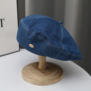Retro Japanese Denim Beret with Metal Buttons