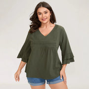 Loose Ruffled V‑Neck Top – Elegant Three‑Quarter Sleeve Shirt