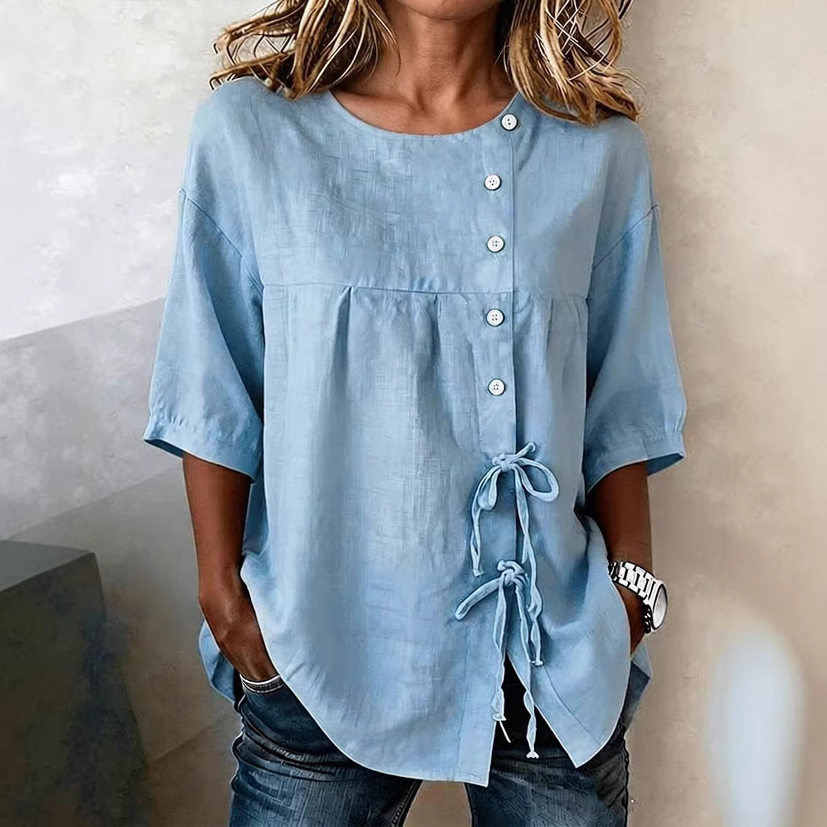 Lace-up Button New Solid-color Shirt