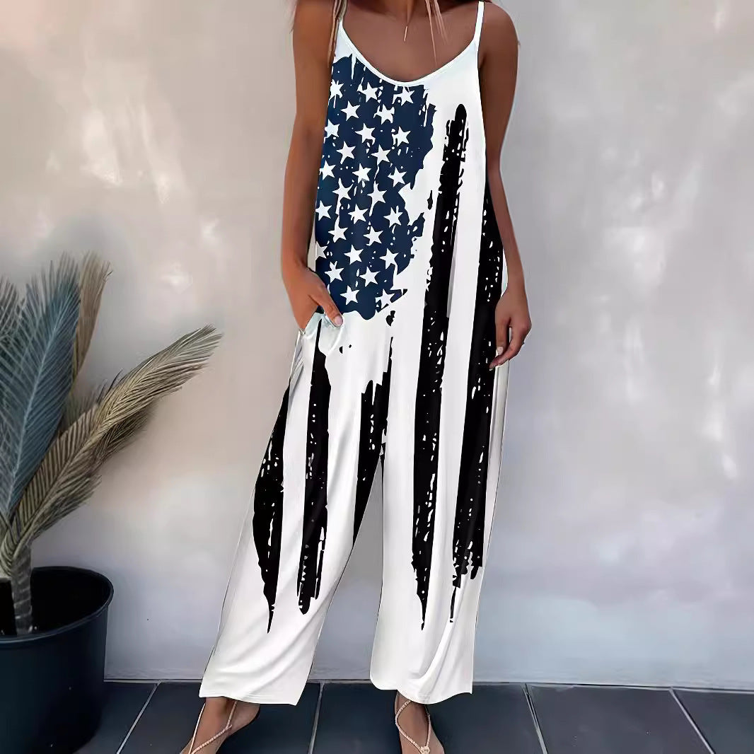 Women's Printed Casual Suspender Jumpsuit