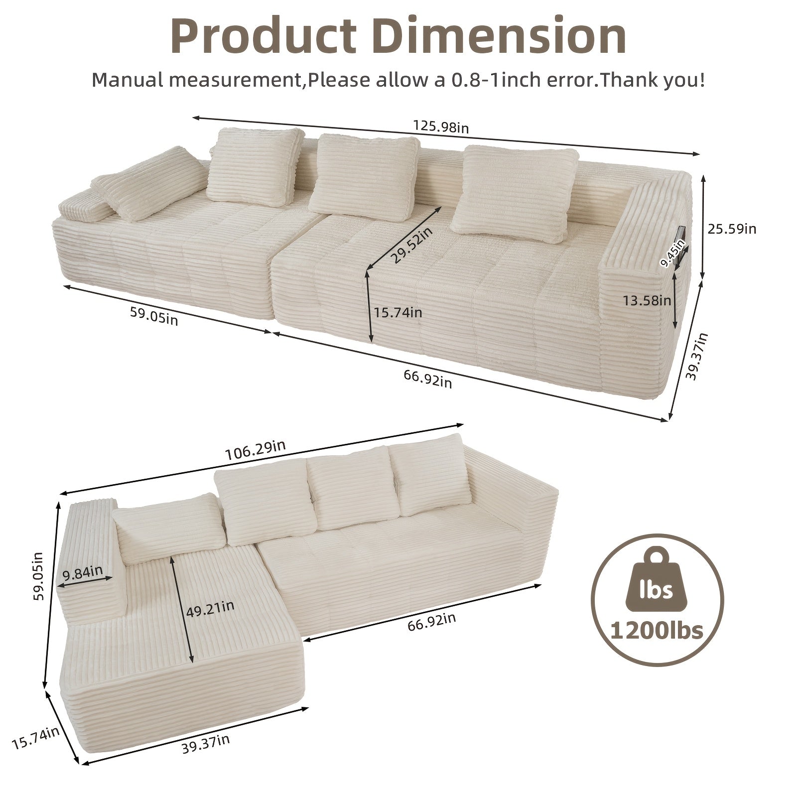 Left chaise L-shaped sectional sofa with memory foam cushions and corduroy upholstery