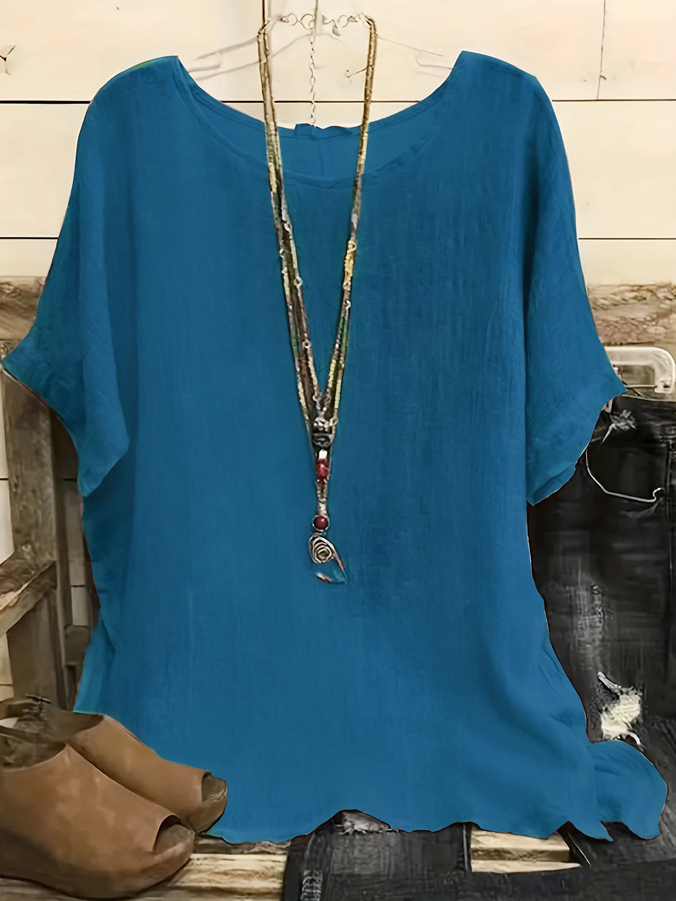 Women Fashion Casual Shirts Solid Color 3 4 Sleeve Round Neck Blouses Summer Loose Tops Streetwear