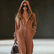 Relaxed-fit Retro Solid-color Corduroy Jumpsuit With Pockets And A Zipper