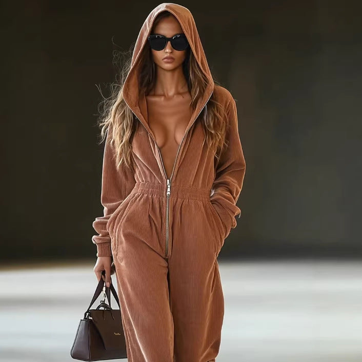 Relaxed-fit Retro Solid-color Corduroy Jumpsuit With Pockets And A Zipper
