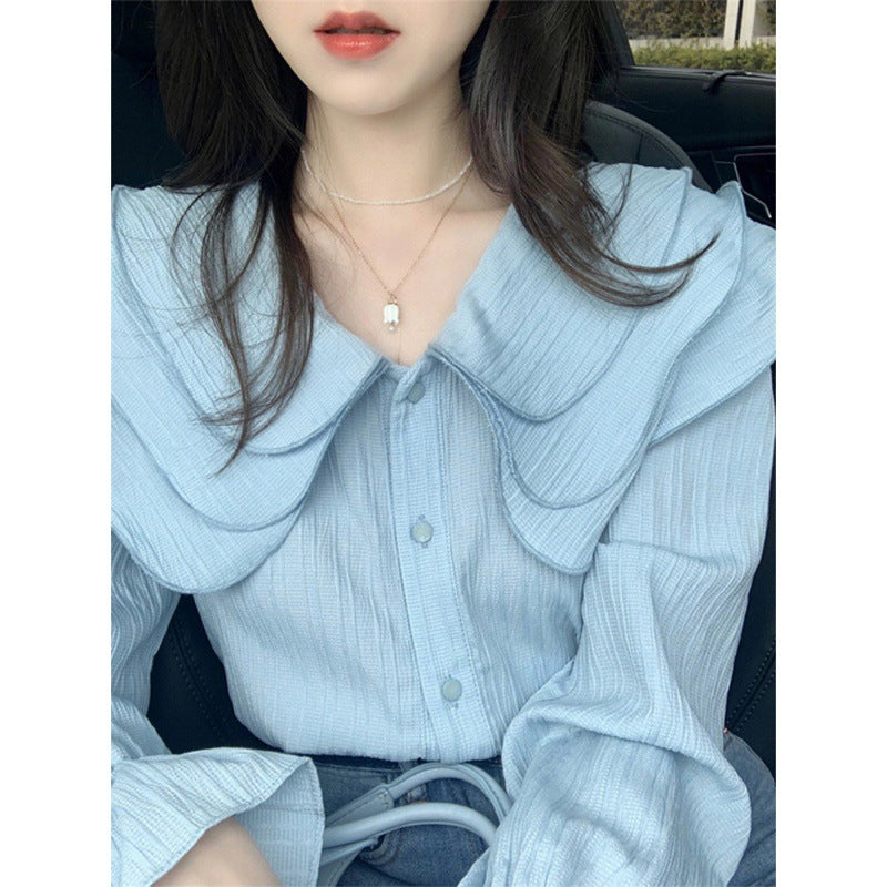 Chic Blue Doll Collar Shirt Design