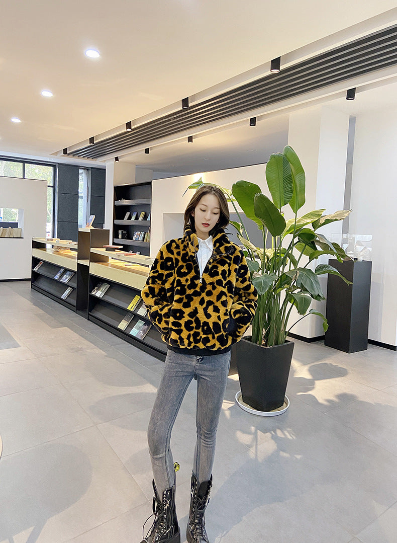 Leopard Print Faux Fur Stitching Women's Winter Sweater
