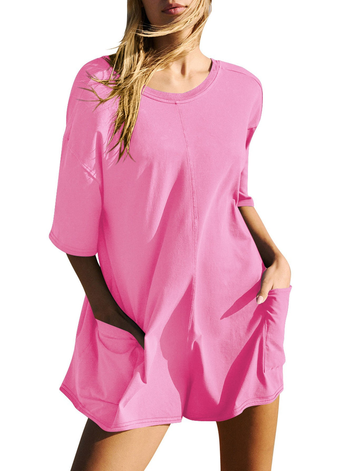 Women's Casual Crew Neck Short Sleeve Pocket Jumpsuit