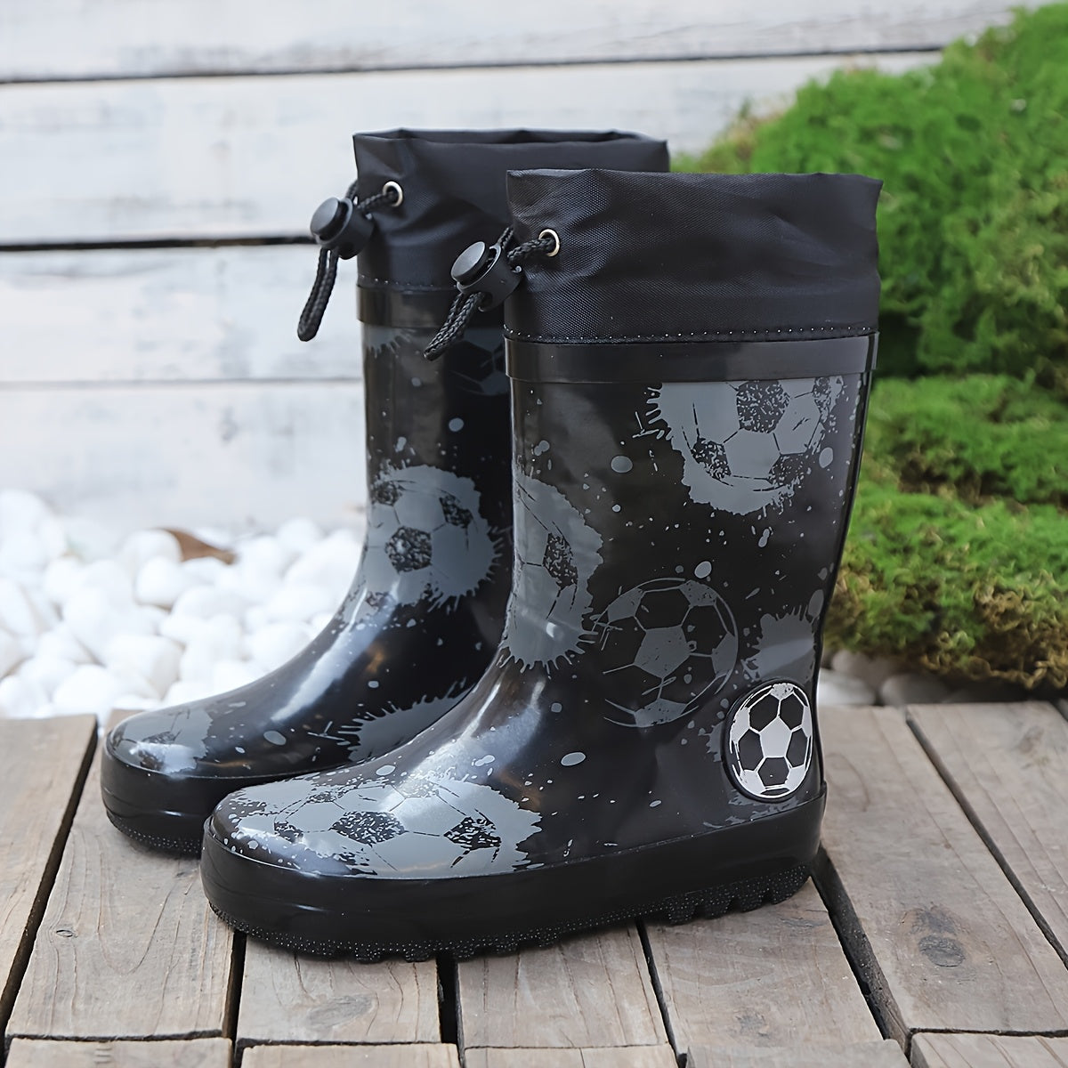 Boys' Lightweight Fleece-Lined Rain Boots – Cartoon Print, Adjustable Drawstring, Long Tubular Design