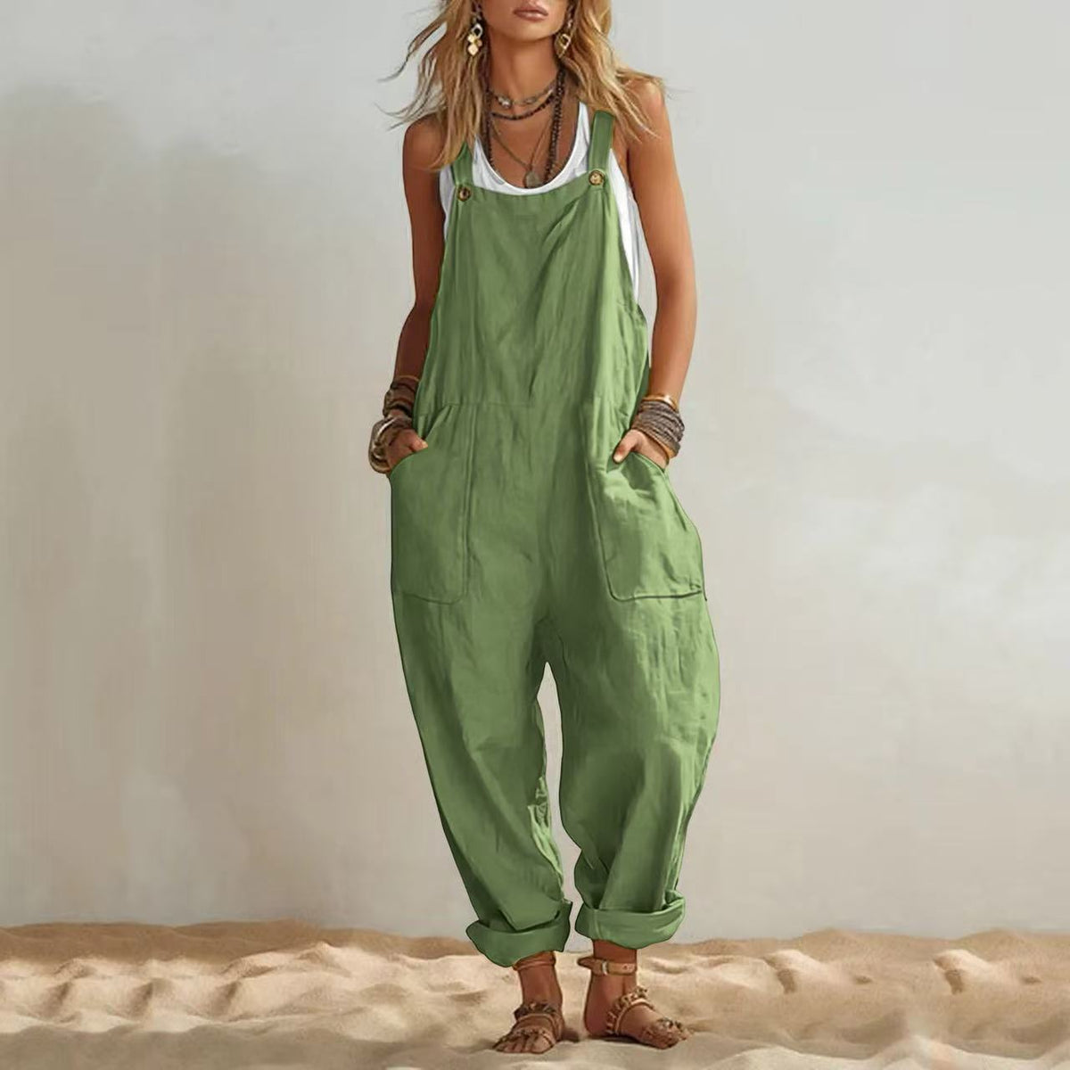 Women's Casual Sleeveless Loose Patch-Pocket Jumpsuit