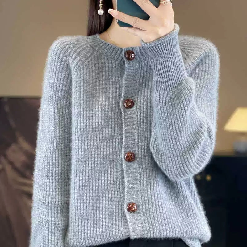 Womens Thickened Long-sleeve Knitted Cashmere Cardigan with a Crew Neck