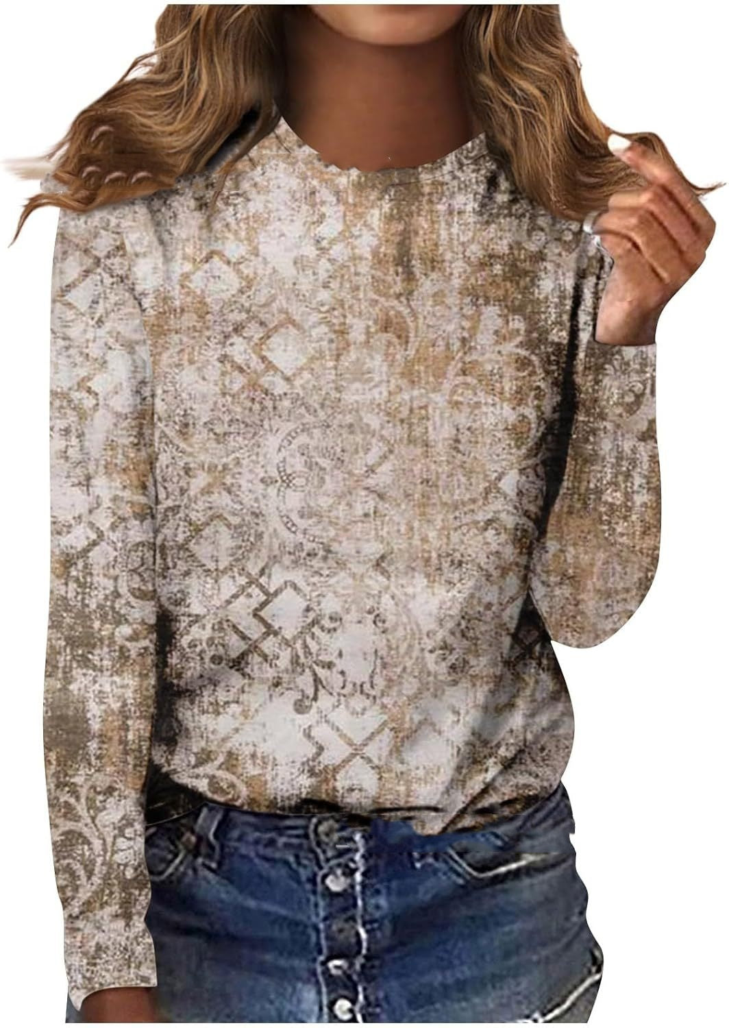 Floral Geometric Print Long Sleeve Round Neck Pullover