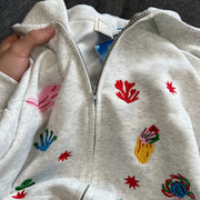 Retro Embroidered Hooded Zip-Up Jacket