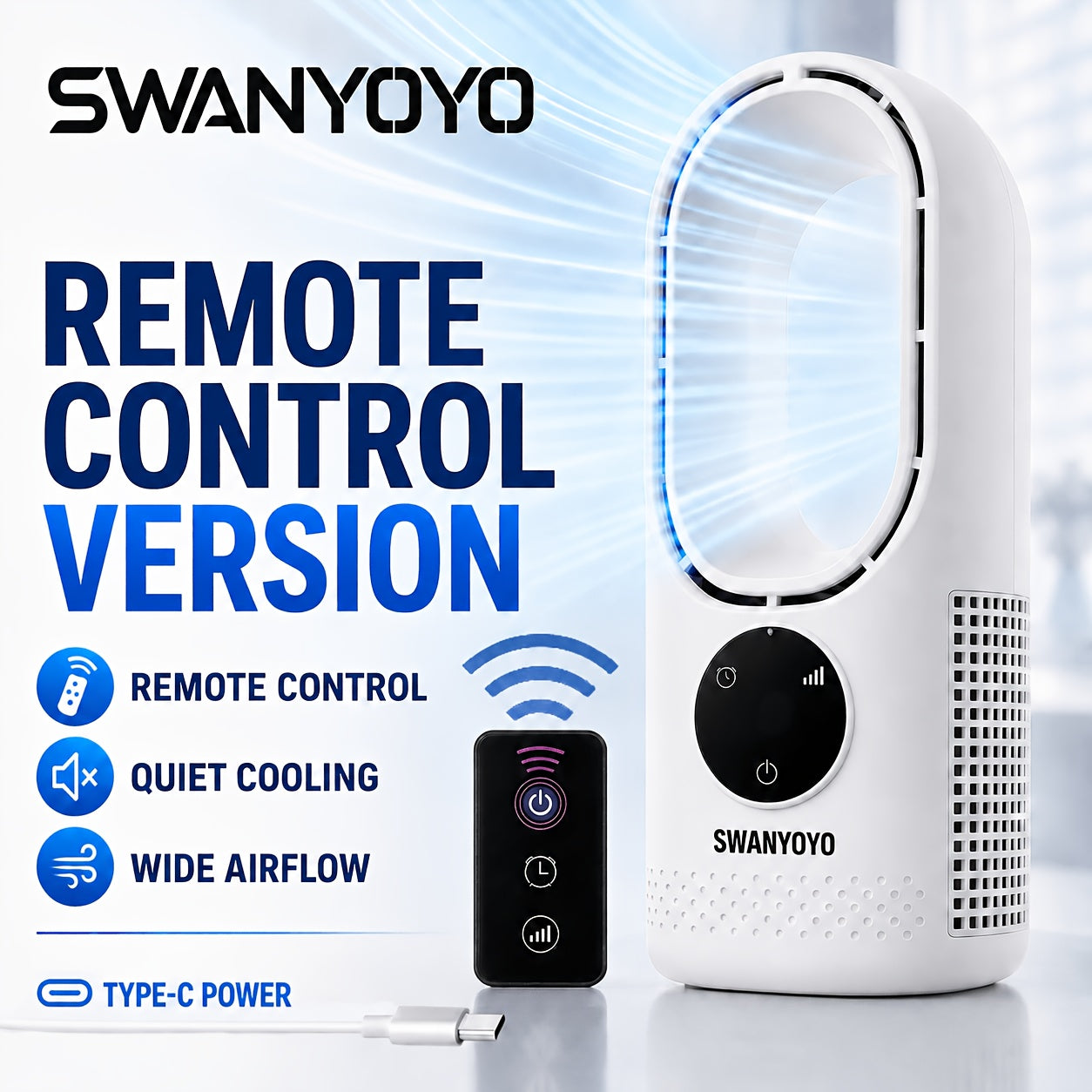 USB Tower Fan with Bladeless Design, Remote Control, and Water Mist Cooling