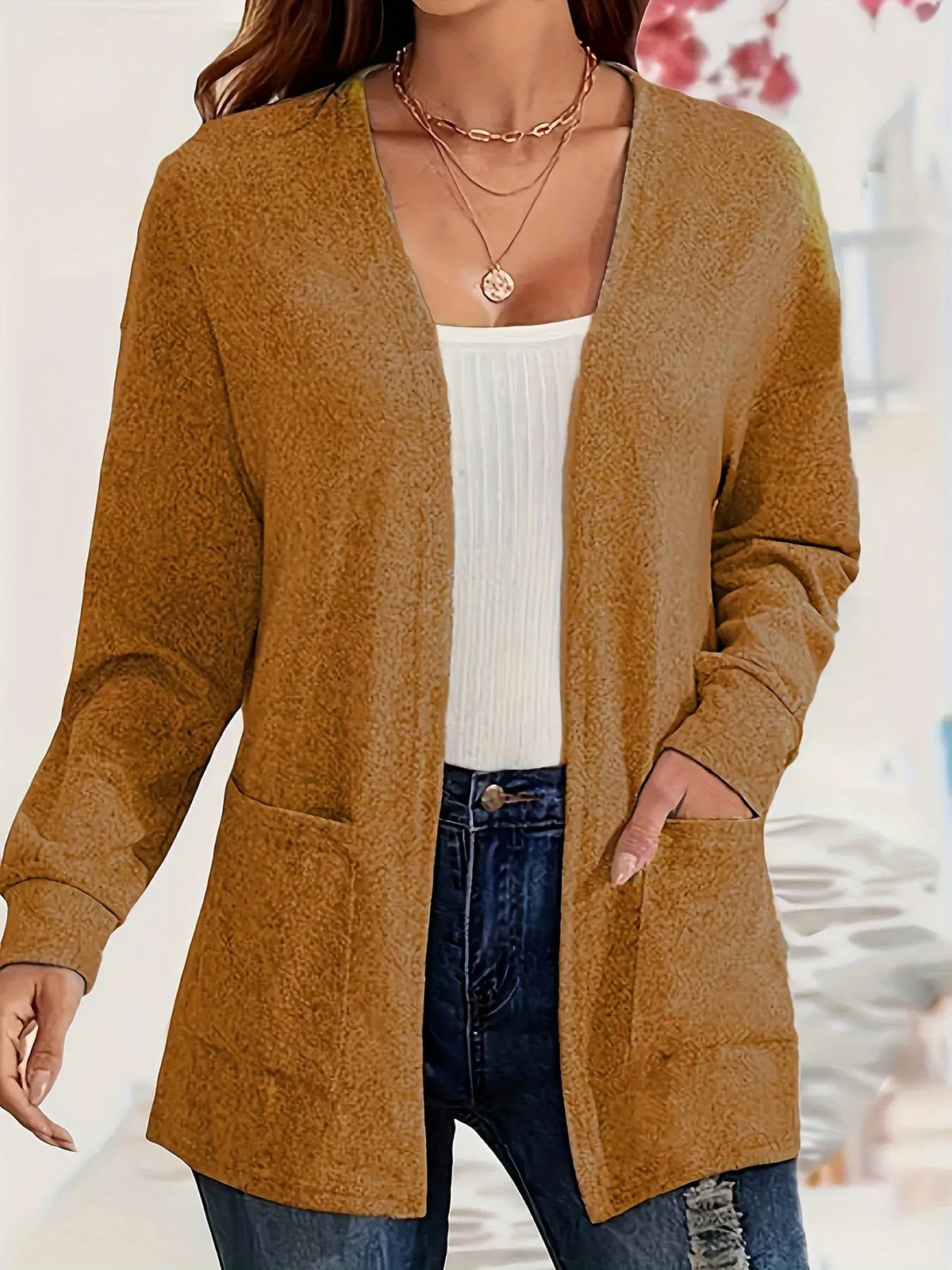 Womens Versatile Solid-color Pocketed Loose-fitting Lightweight Cardigan