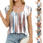 Loose-Fit Striped Short Sleeve Top with 3D Geometric Print