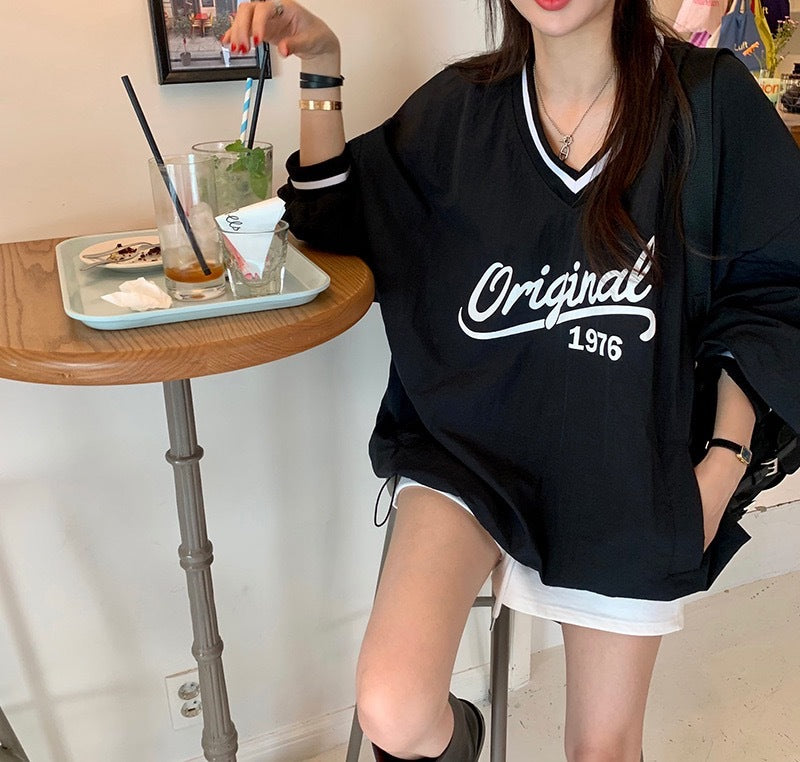 Korean Style V-Neck Printed Loose Long Sleeve Sweatshirt