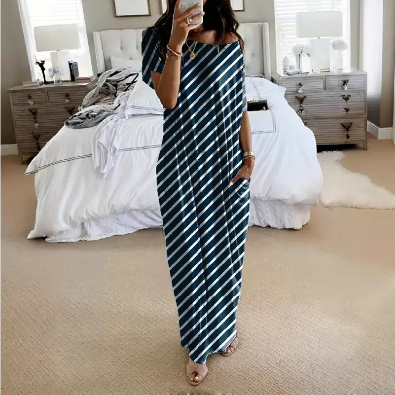 New Womens Solid-color Short-sleeve Long Casual Dress