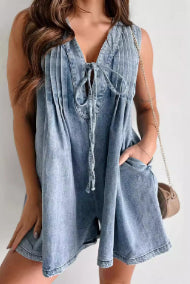 Women's V-Neck Denim Romper Casual Sleeveless Shorts Jumpsuit