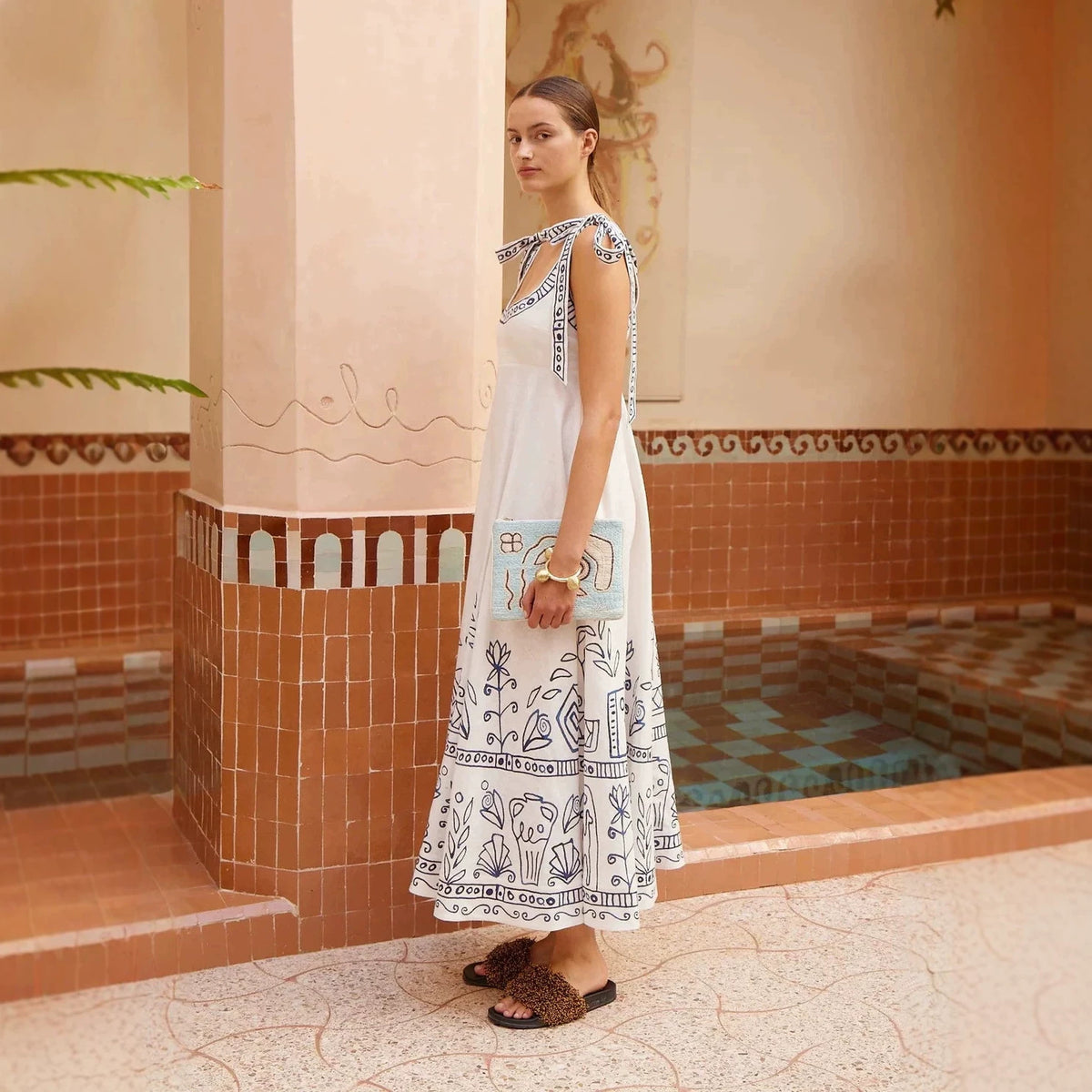 Printed Elegant Versatile Lace-up Linen Dress