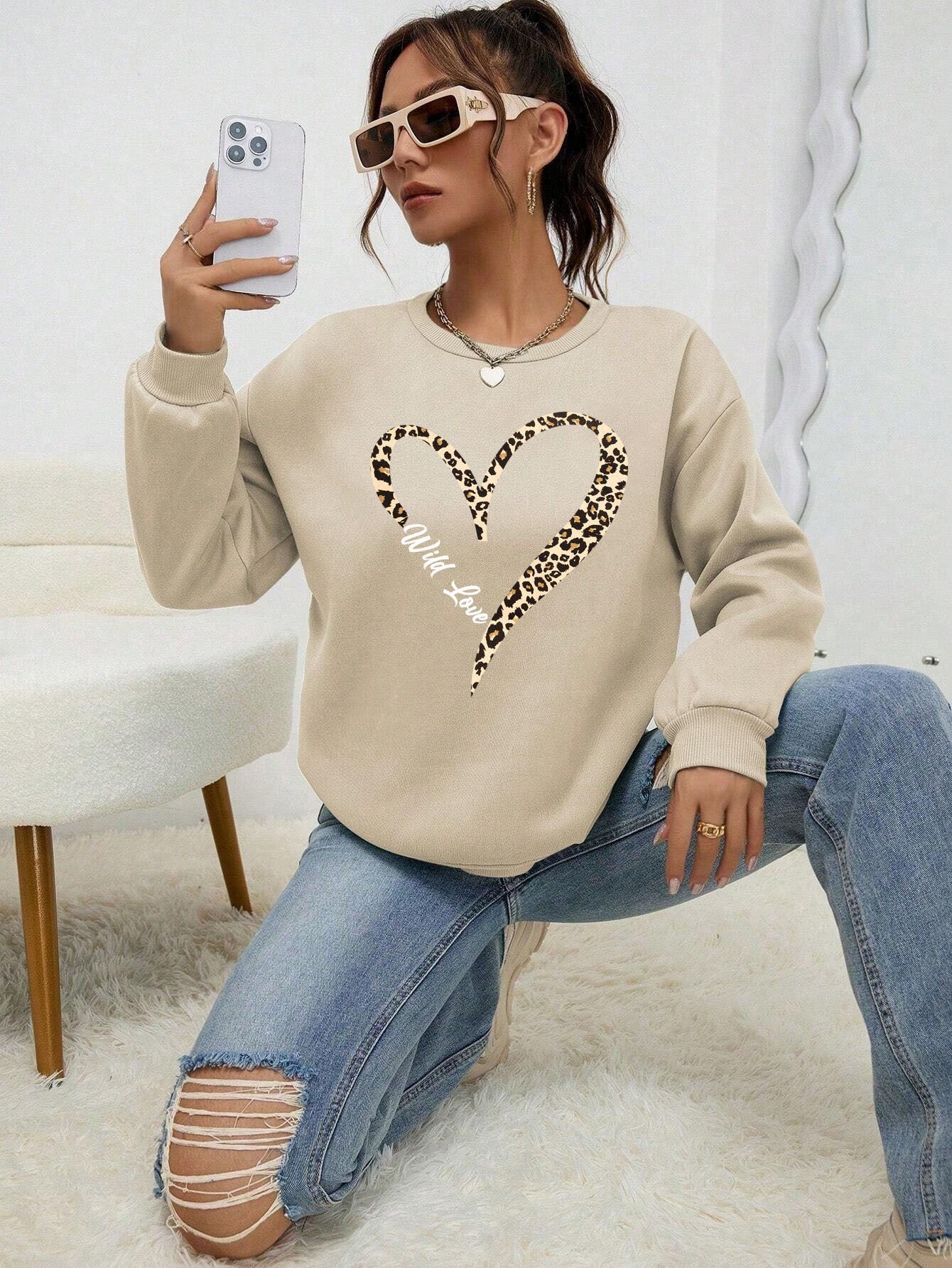 Leopard Wild Heart Print Sweatshirt Set