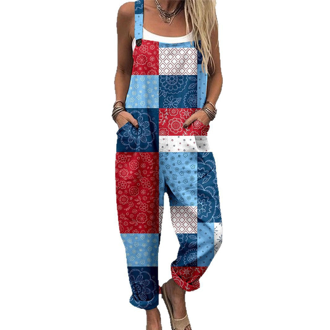 Women's Floral Casual Loose Bib Overalls Jumpsuit