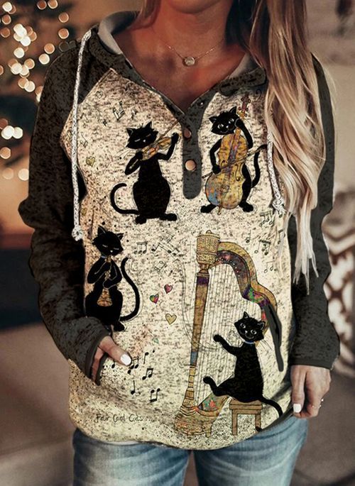 Retro Animal Nature Print Button Hoodie