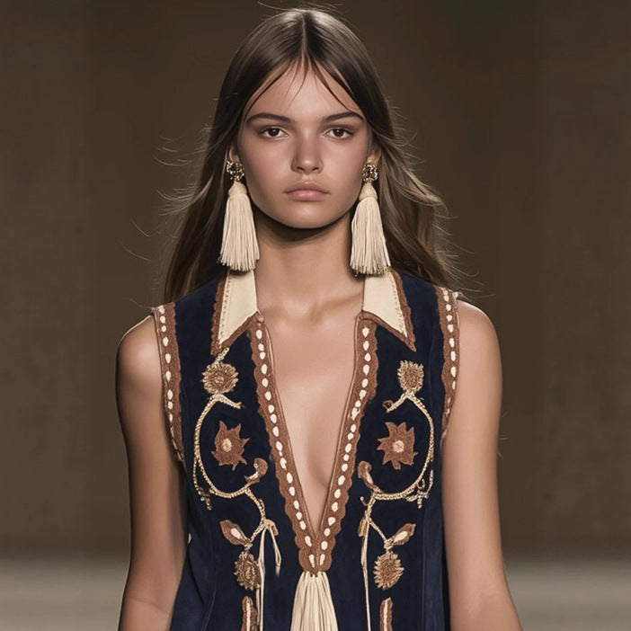 Casual Relaxed-fit Vintage Suede Fringed Sleeveless Dress