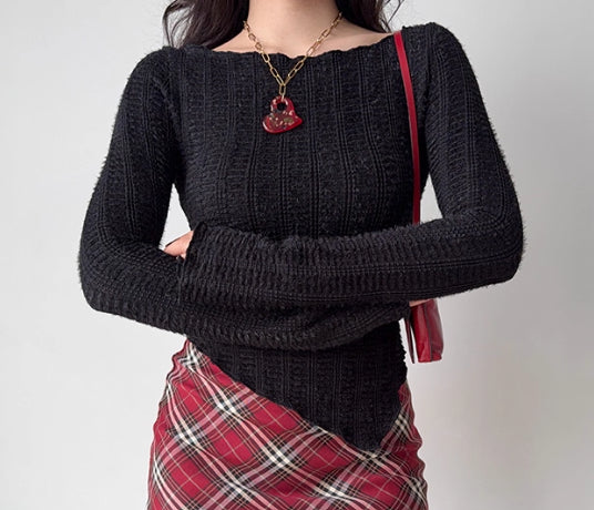 Retro Red Sweater Women's Irregular Hem Slim Fit Bottoming Top